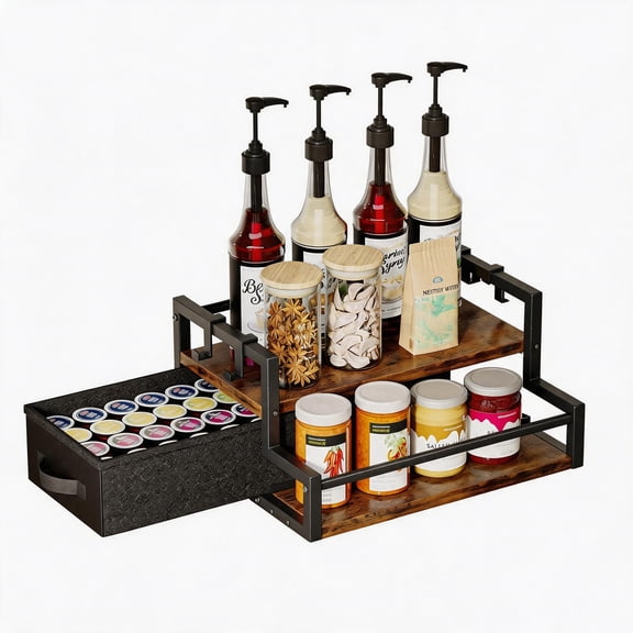 Liwantech Coffee Syrup Organizer with K Cup Storage Drawer for Countertop, Coffee Bar Accessories, 2-Tier Coffee Station for Syrup Wine Spice Storage