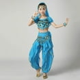 thumbnail image 5 of Kids Girls Belly Dance Halter Top Pants Costume Set Sequin Indian Dance Outfit with Head Veil Waist Chain and Bracelets, 5 of 7