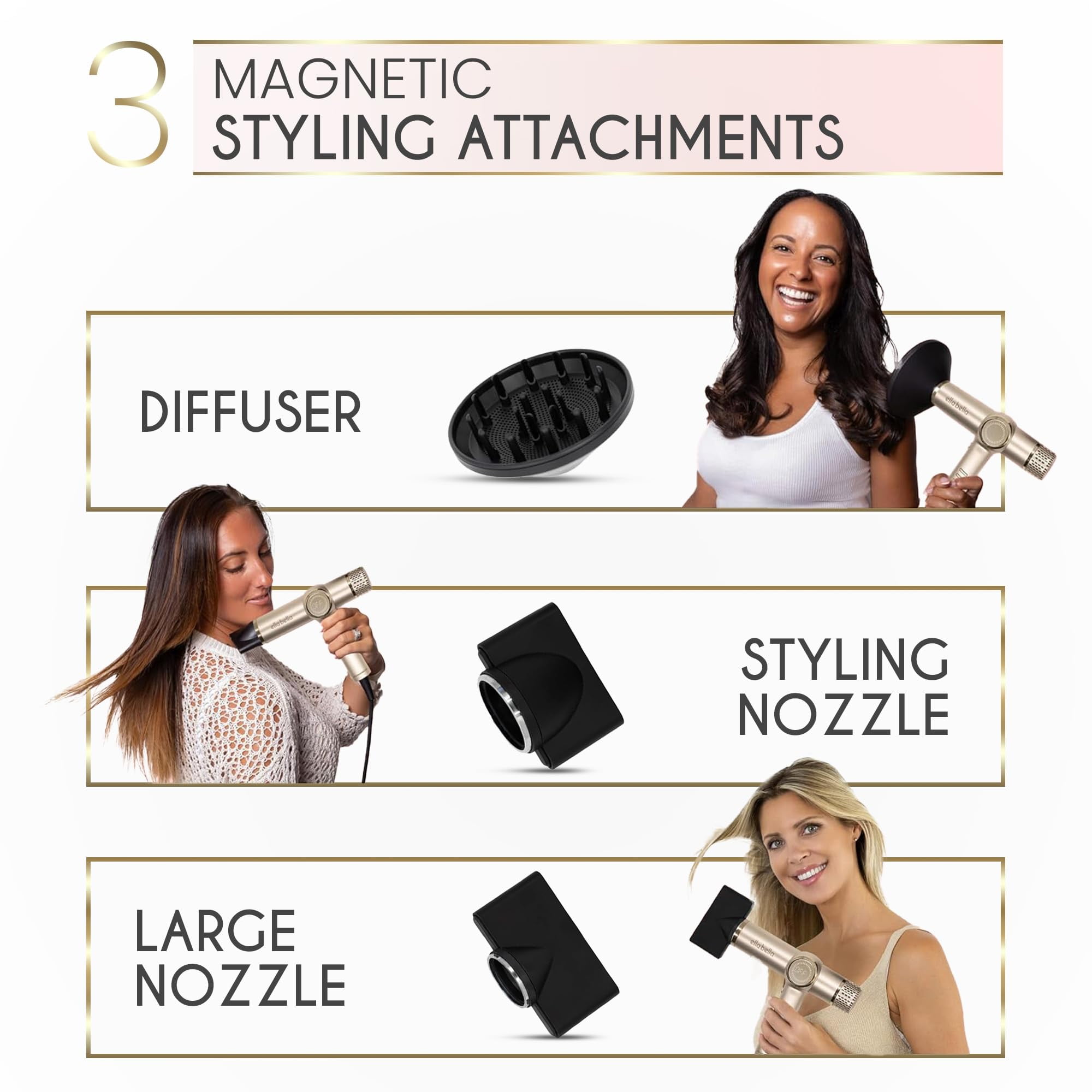 ELLA BELLA® Professional Ionic Hair Dryer with Diffuser, Negative Ion Blow Dryer, Suitable All Hair Types • Intelligent Heat Control & Rapid Drying Speeds • Lightweight Design & Low Noise (Champagne)