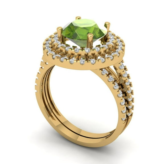 2.68 ct Brilliant Round Cut Natural Peridot 18K Yellow Gold Halo Solitaire with Accents Engagement Bridal Wedding Ring Band Set size 3.5