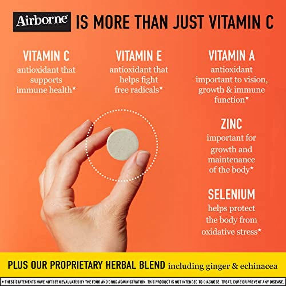 Airborne 1000mg Vitamin C with Zinc Effervescent Tablets, Immune Support Supplement with Powerful Antioxidants Vitamins A C & E - 30 Fizzy Drink Tablets, Zesty Orange Flavor