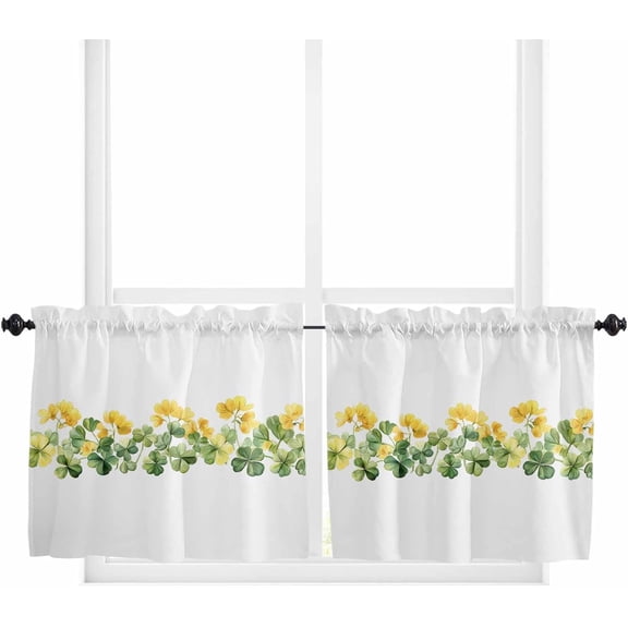 Tier Curtains 24 Inch Length, Yellow Green Clovers Spring Shamrock St Patrick''s Day Rod Pocket Short Kitchen Curtains 2 Panels, Farmhouse Window Treatment Tiers for Cafe Bathroom, 27.5”x24”