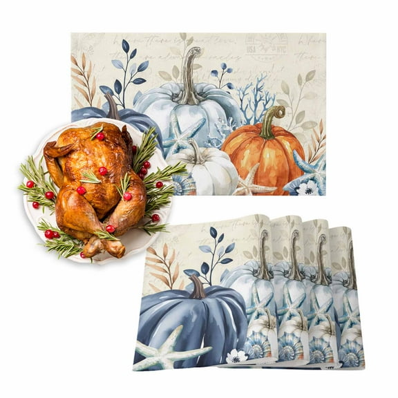 Fall Placemats Set of 6 Blue White Pumpkin Place Mats Thanksgiving Placemat Shell Starfish Coral Leaves Beige Table Mats for Dining Kitchen Table Holiday Dinner Party Home Fall Decorations 13x19