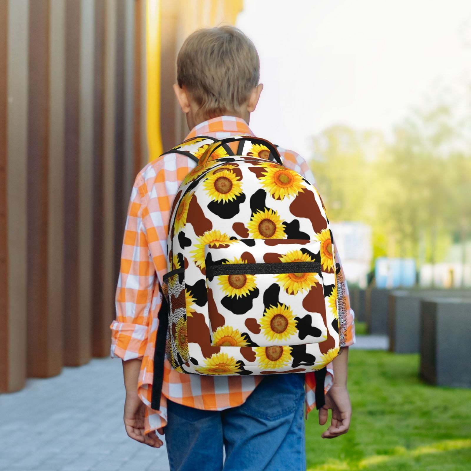 Rateoe Sunflower Cow Pattern Durable Student Backpack Laptop Bag- Ergonomic Design, Waterproof Twill Fabric - Ideal for School, Travel, and Outdoor Activities