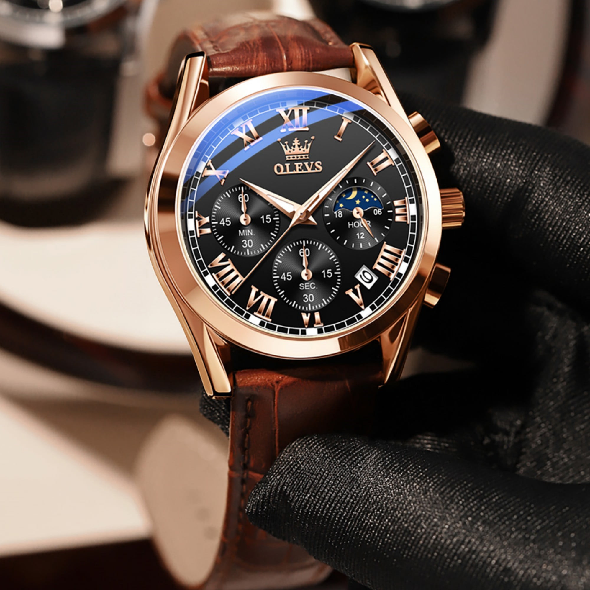 OLEVS Chronograph Watches for Men Luxury Classic Business Sports Mens Watches with Leather Strap Waterproof Luminous Analog Quartz Reloj para hombre, Gifts for Men