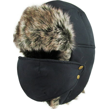 Black Solid Face Mask Aviator Trapper Hat Winter Ski Cap Faux Fur