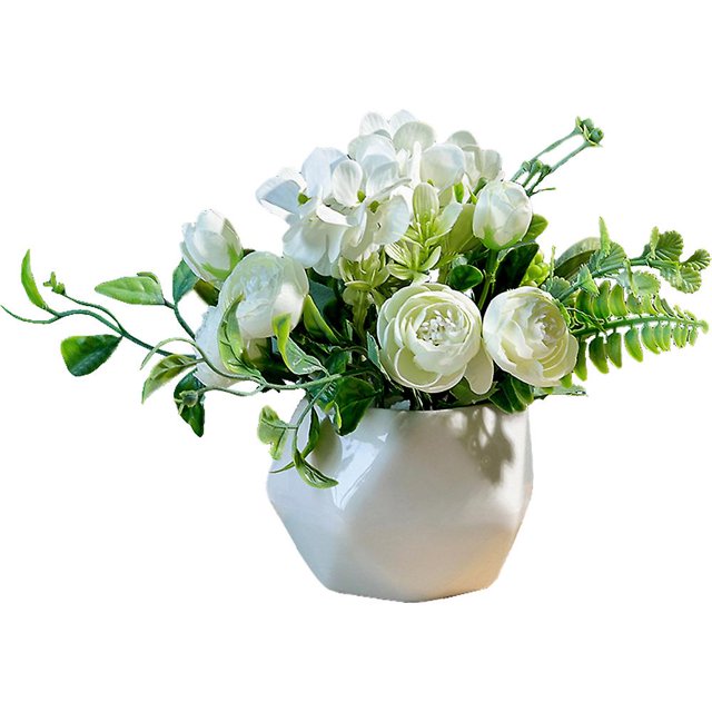 Adornos de plantas en macetas falsas, decoraciones creativas para la mesa de la sala de estar del hogar. Blanco