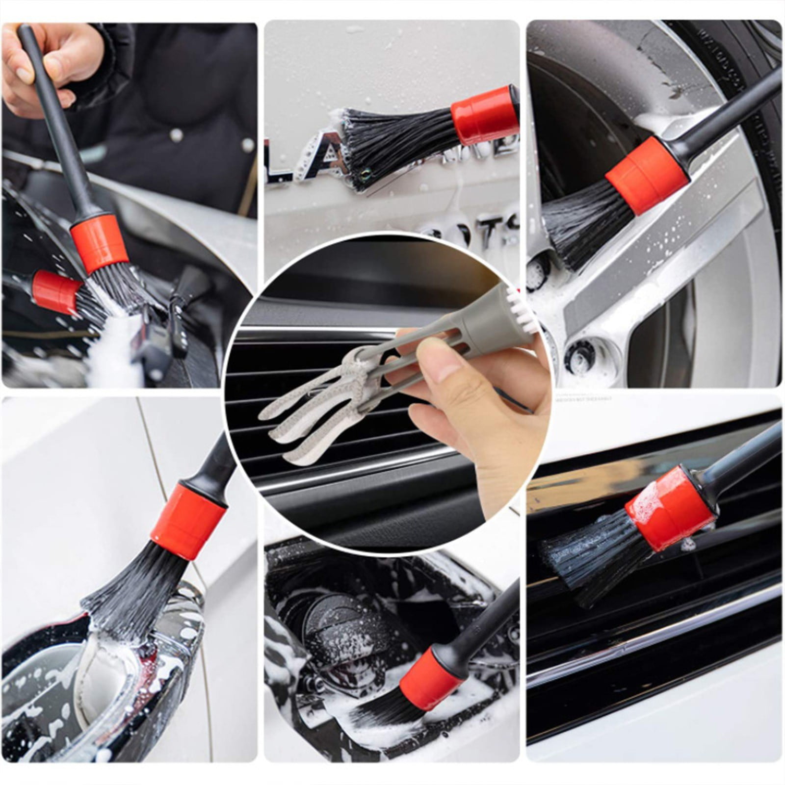 RuiJiao Car Detailing Brush Kit 8-Piece Set, Plastic Bristle Brushes for Interior Wheels Cleaning, No Scratch Safe for All Vehicles, Includes Wash Gloves and Towels