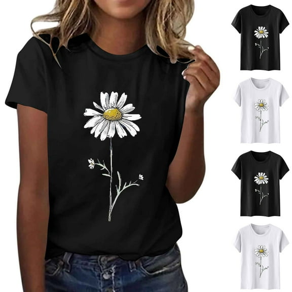 Pxxlle Casual T Shirts for Women Trendy Daisy Flower Graphic Tees Comfy Short Sleeve Cotton Tshirt Shirts Loose Fitted Crewneck Tshirts (White S)