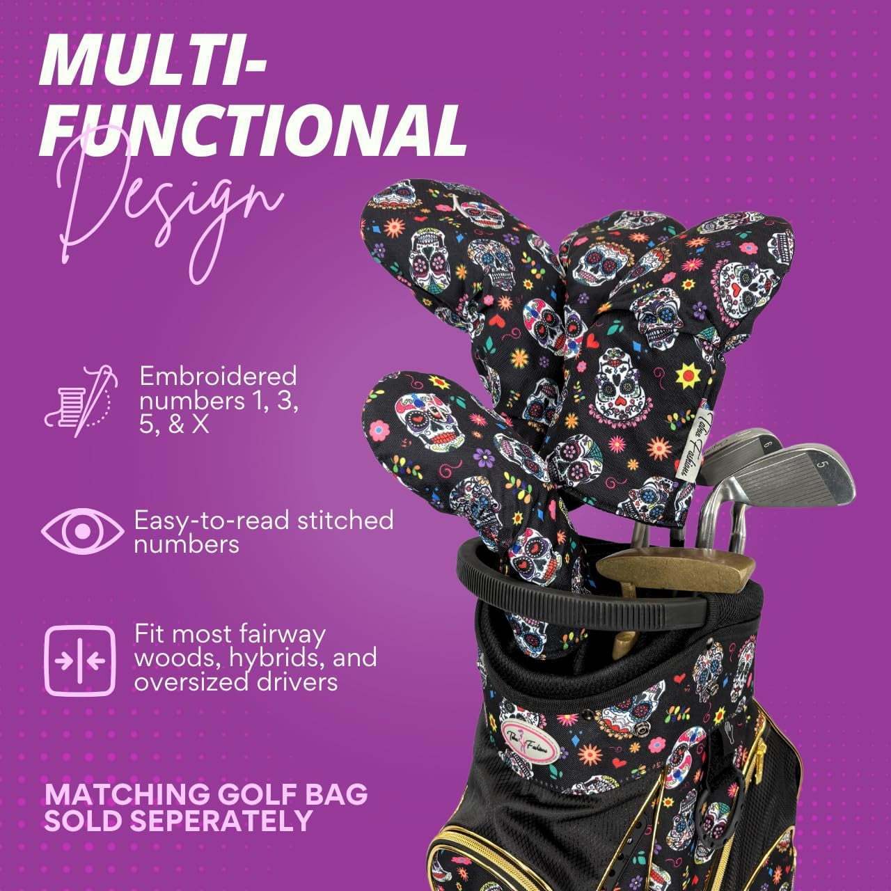 Womens Designer Resort Golf Club Covers 4 Pack - Taboo Fashions Numbered Head Covers for Driver Woods & Hybrid - Weather/Moisture Resistant Protection (Sugar Skulls)