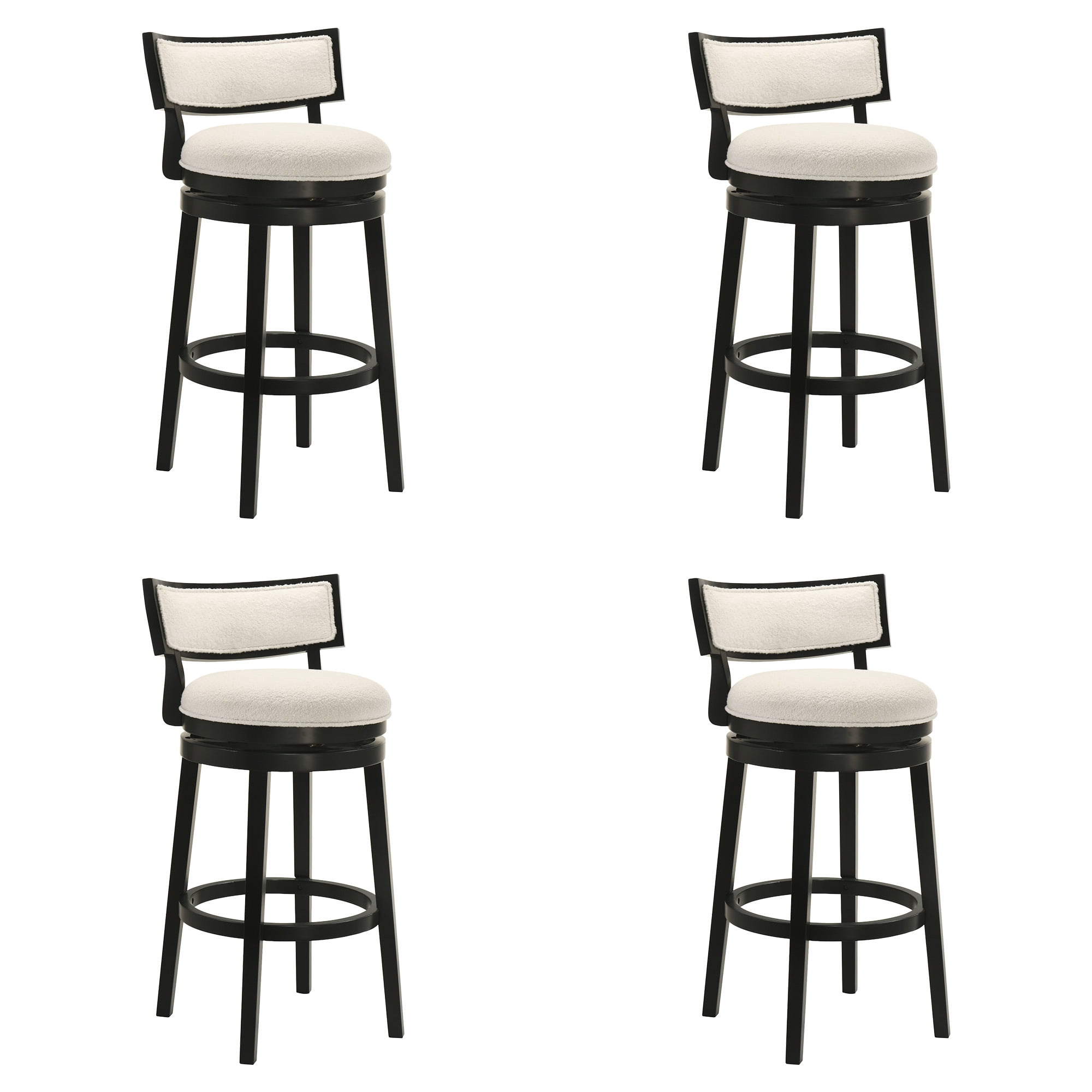 Noely Modern Farmhouse Swivel Wood Bar Height Kitchen Bar Stool in Black Finish with White Boucle Fabric Upholstered Seat - Set of 4
