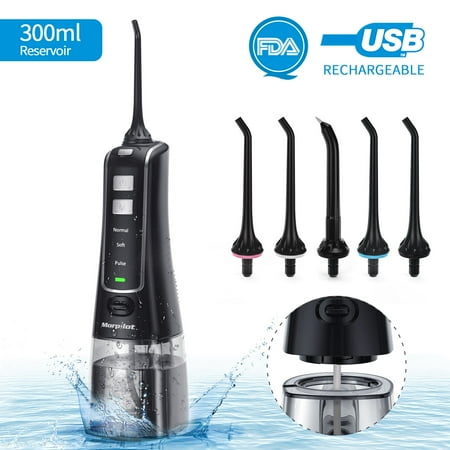 Water Irrigator For Kids Cordless Water Flosser Portable Professional Dental Oral Irrigator 300ml Reservoir IPX7 Waterproof FDA With 5 Jet Tips for Home and Trave ()