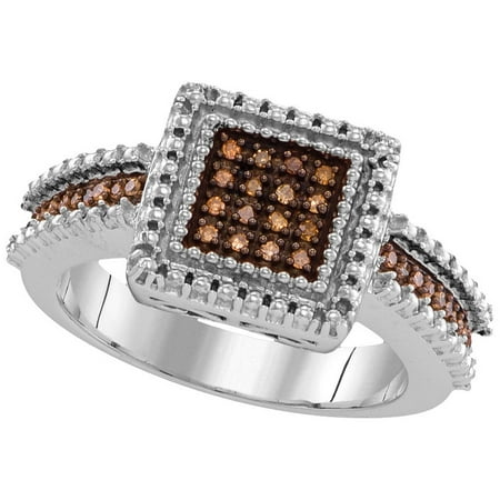 Size - 7 - Solid 925 Sterling Silver Round Chocolate Brown Diamond Engagement Ring OR Fashion Band Prong Set Square Shape Solitaire Shaped Halo Ring (.15 (Best Wedding Band For Solitaire Engagement Ring)