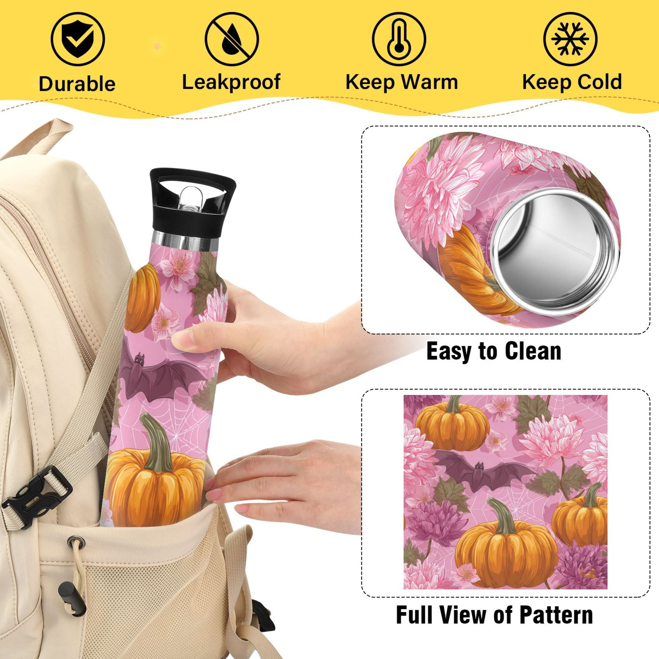 Kids Insulated Stainless Steel Sports Water Bottle 600ml (20oz) Halloween Pumpkins and Bats