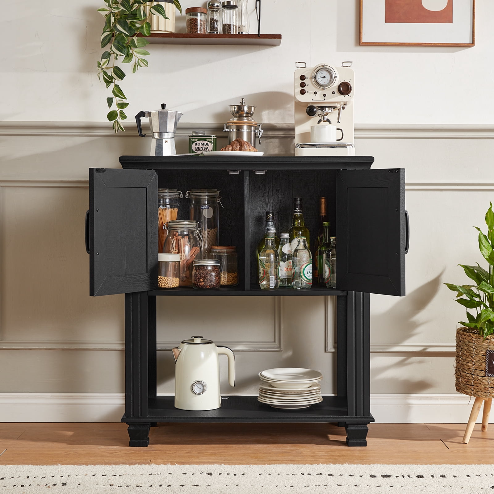 Buildhom Farmhouse Coffee Bar Cabinet with 2 Doors & Open Shelf, Kitchen Storage Station for Dining Room, Living Room, Black