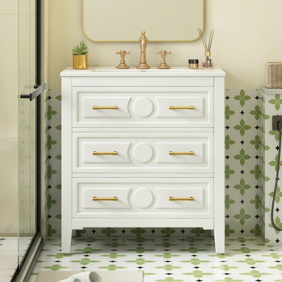 30'' Bathroom Vanity with Ceramic Sink Combo, Free Standing Single Vanity Set with 3 Drawers, Solid Wood Frame Bathroom Storage Cabinet, White