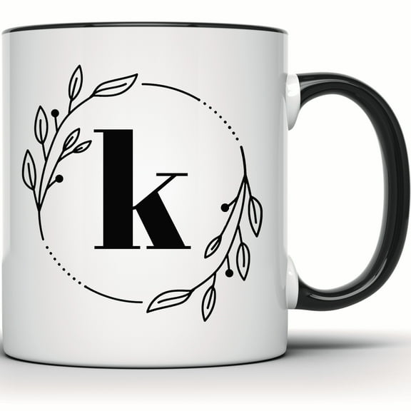 Letter K Initial Mug - Floral Monogram Coffee Tea Cup - Custom Personalized Gift for Her or Him - 11 Ounce Black Rim Handle Novelty Coffee Cup - WMUG0387-Black Rim