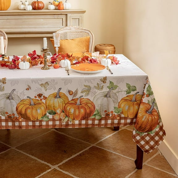 Fall Jacquard Rectangle Tablecloth, Thanksgiving Harvest Pumpkins Buffalo Plaid Table Cloth, Autumn Leaves Washable Table Cover for Holiday, Dining, Party Decor PumpkinPLD 60 x 84 Inch