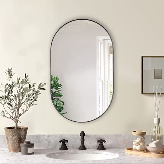 Noble House 20"x 33" Oval Metal Wall Mirror, Vanity Mirror for Bathroom, Bedroom & Living Room, Black