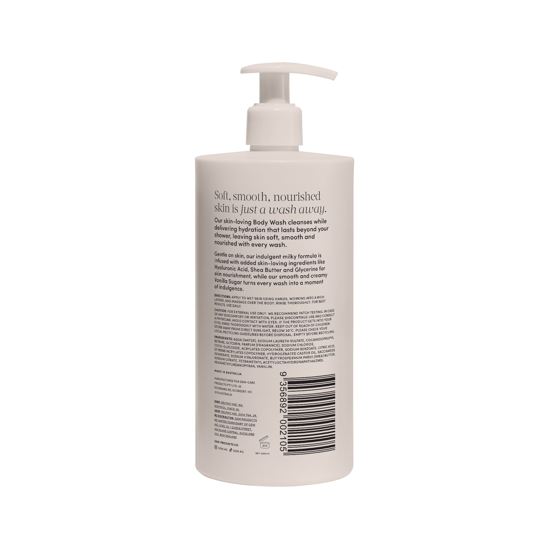 Gem Skin-Loving Body Wash Vanilla Sugar 500mL 16.9 fl oz