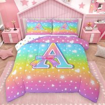 Homewish Cartoon Bowknot Monogrammed Bedding Comforter Set, Initial A Letter Twin Comforter Sets, Glitter Stars Rainbow Reversible Bedding Set, Microfiber Bedroom Decor, 2-Piece