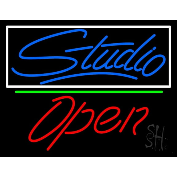 Blue Studio With Open 2 LED Neon Sign 15 x 19 - inches, Black Square Cut Acrylic Backing, with Dimmer - Bright and Premium built indoor LED Neon Sign for art gallery, and exhibition.