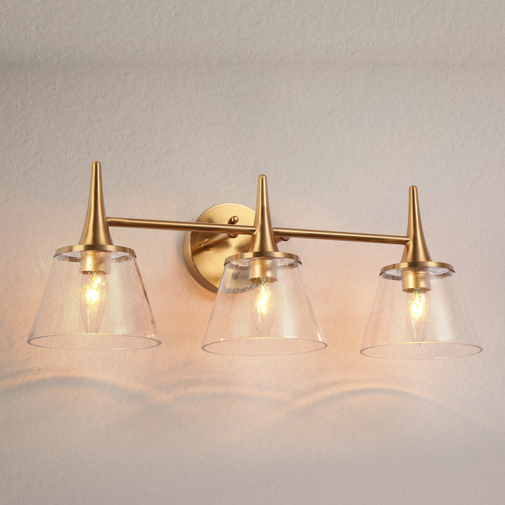 LNC Gold 3-Light Bathroom Vanity Light with Seeded Glass Conical Shades, Dimmable
