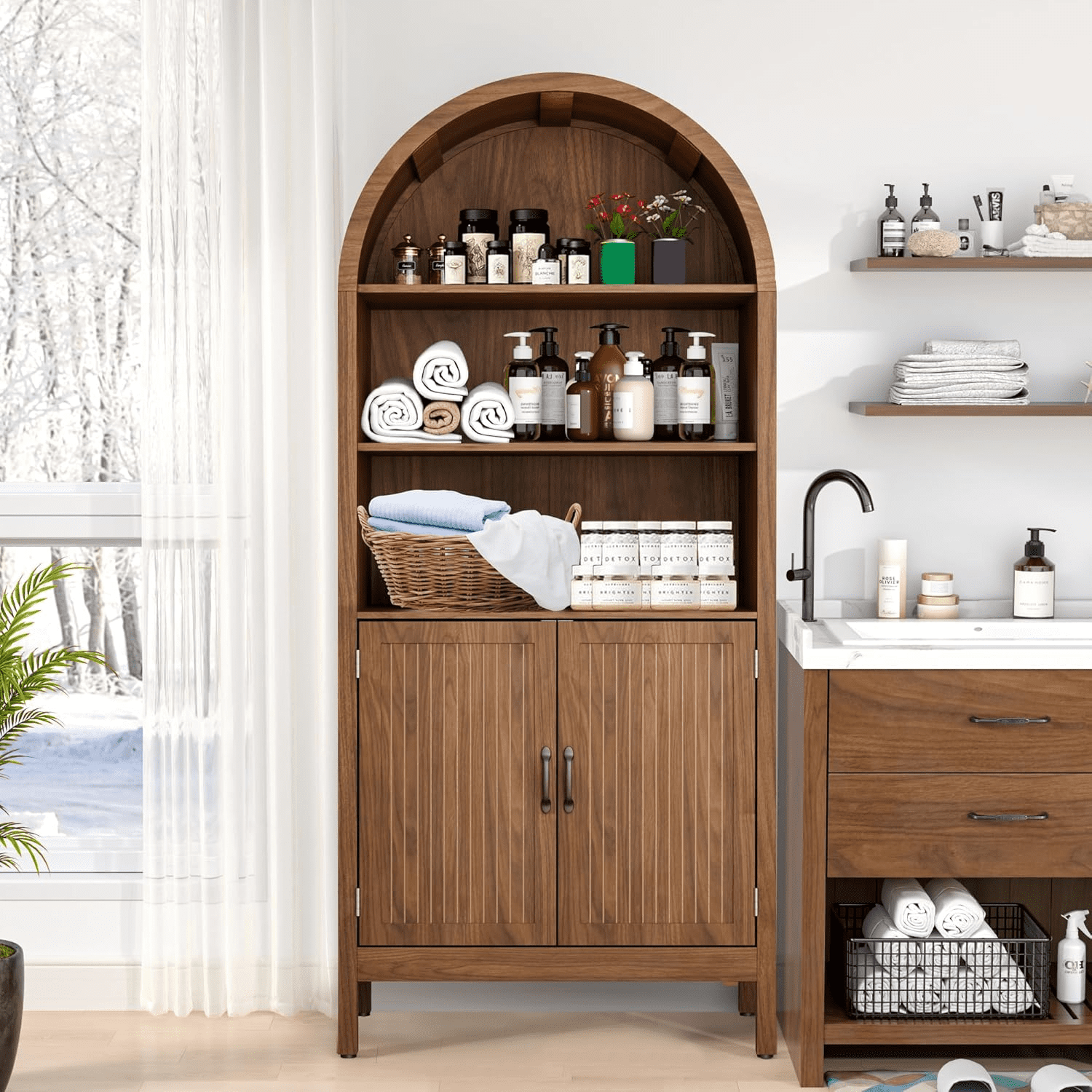Oubayajia 70.9" Tall Storage Cabinet, Arched Kitchen Cupboard with with Fluted Doors for Living Dining Room, Walnut