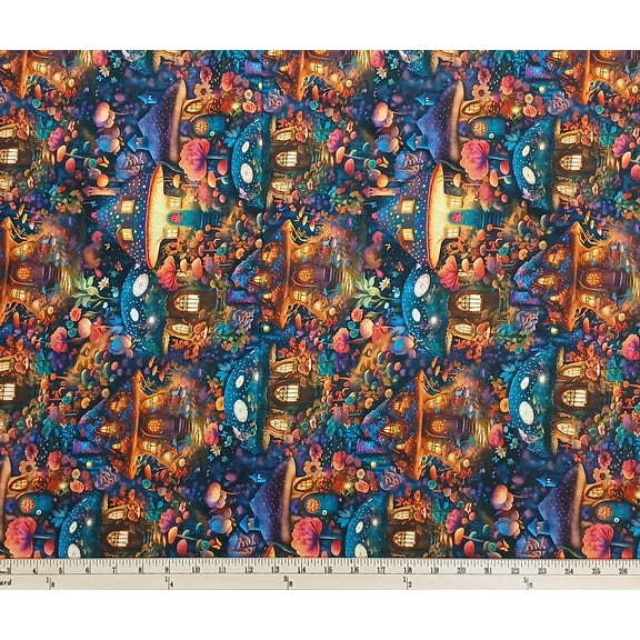 Cotton Night Fable Toadstool Village Mushrooms Flowers Fairy Garden Robert Kaufman Cotton Fabric Print by the Yard (ADND-23256-286-WILD)