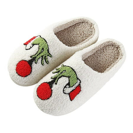 

TKing Fashion Gr1-nch Women s Cotton Slippers Warm Home Cute Soft Plush House Slippers White 39-40