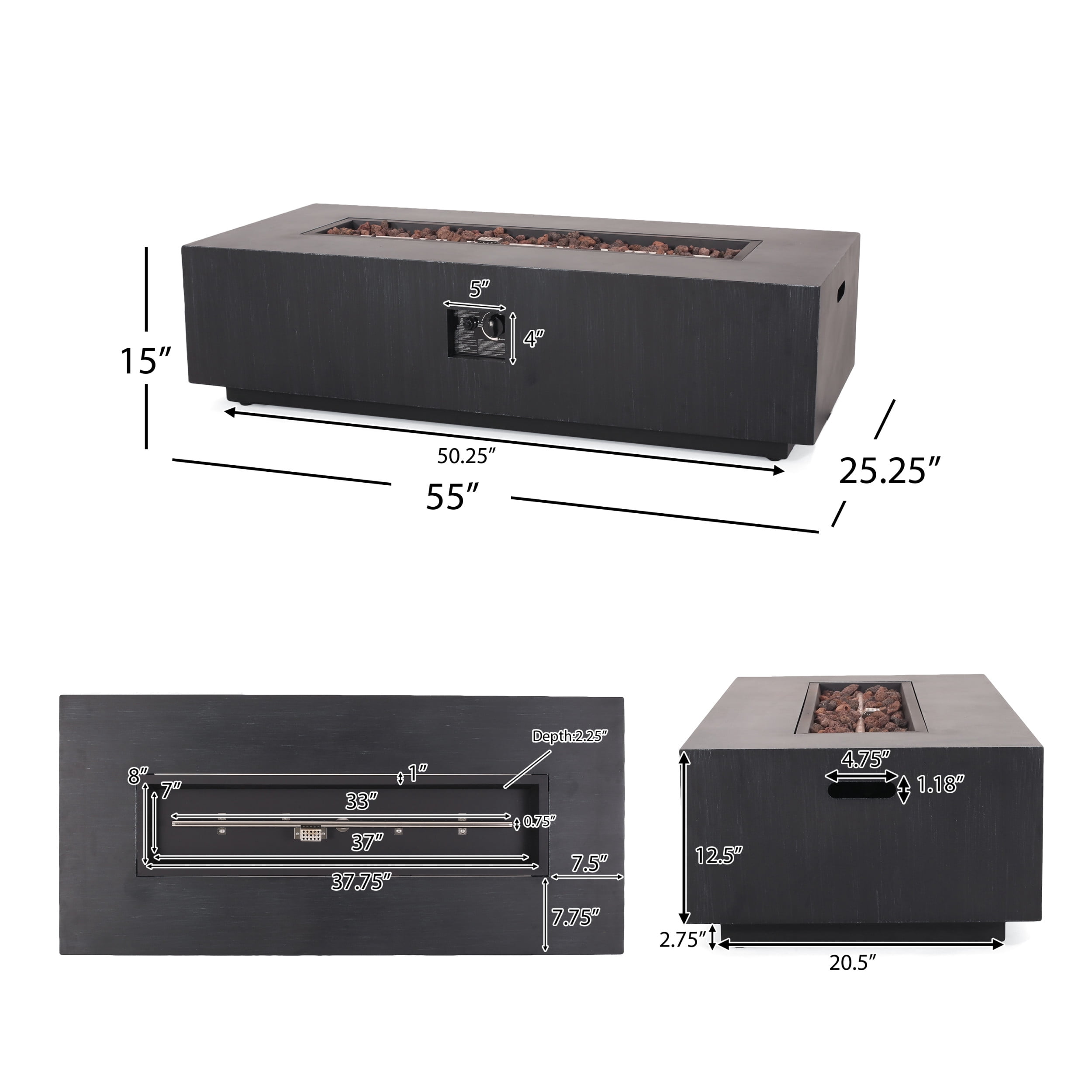Reign Metal Outdoor 50,000 BTU Rectangular Fire Pit with Tank Holder, Brushed Black