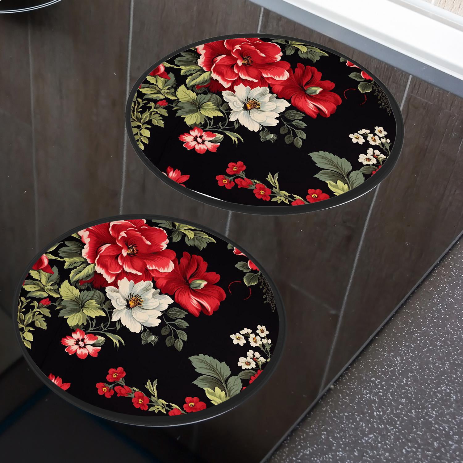 Metal Stove Burner Covers 4 Pcs Decorative Gas Stove Burner Cover 8Inch And 10Inch ,Red Hibiscus Flowers Green Leaves on Black Style, for Home Decor Cooktop Decorative