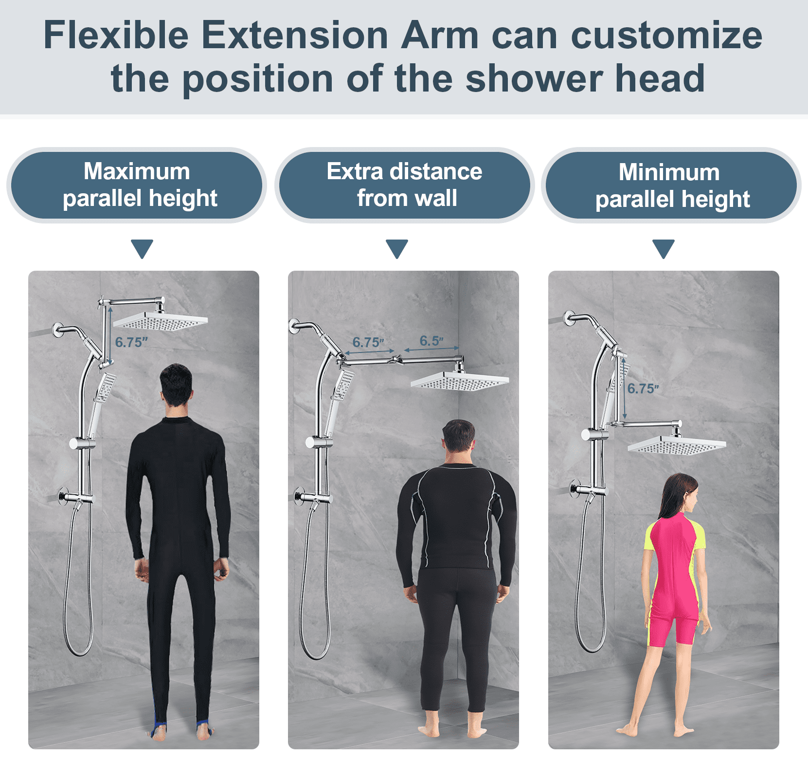 BRIGHT SHOWERS Rain Shower Heads System, Rainfall Shower Head with Handheld Spray Includes Solid Brass Slide Bar, Height Adjustable Holder, Shower Extension Arm, Chrome