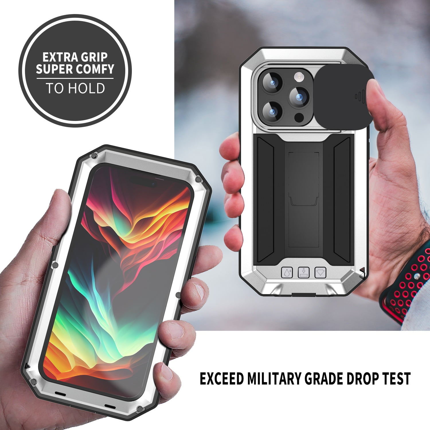 Heavy Duty Rugged Case for iPhone 15 Pro Max with Camera Lens Sliding Kickstand, Triple-Layer Military Grade Metal Frame Shockproof Cover with Screen Protector Dustproof Protective Case,Silver