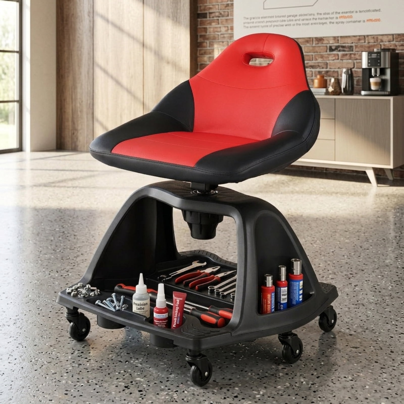 Biotree Rolling Mechanic Stool 29.5" x 23" Adjustable Height Shop Seat for Garage with Tool Tray for Garage Shop, Red