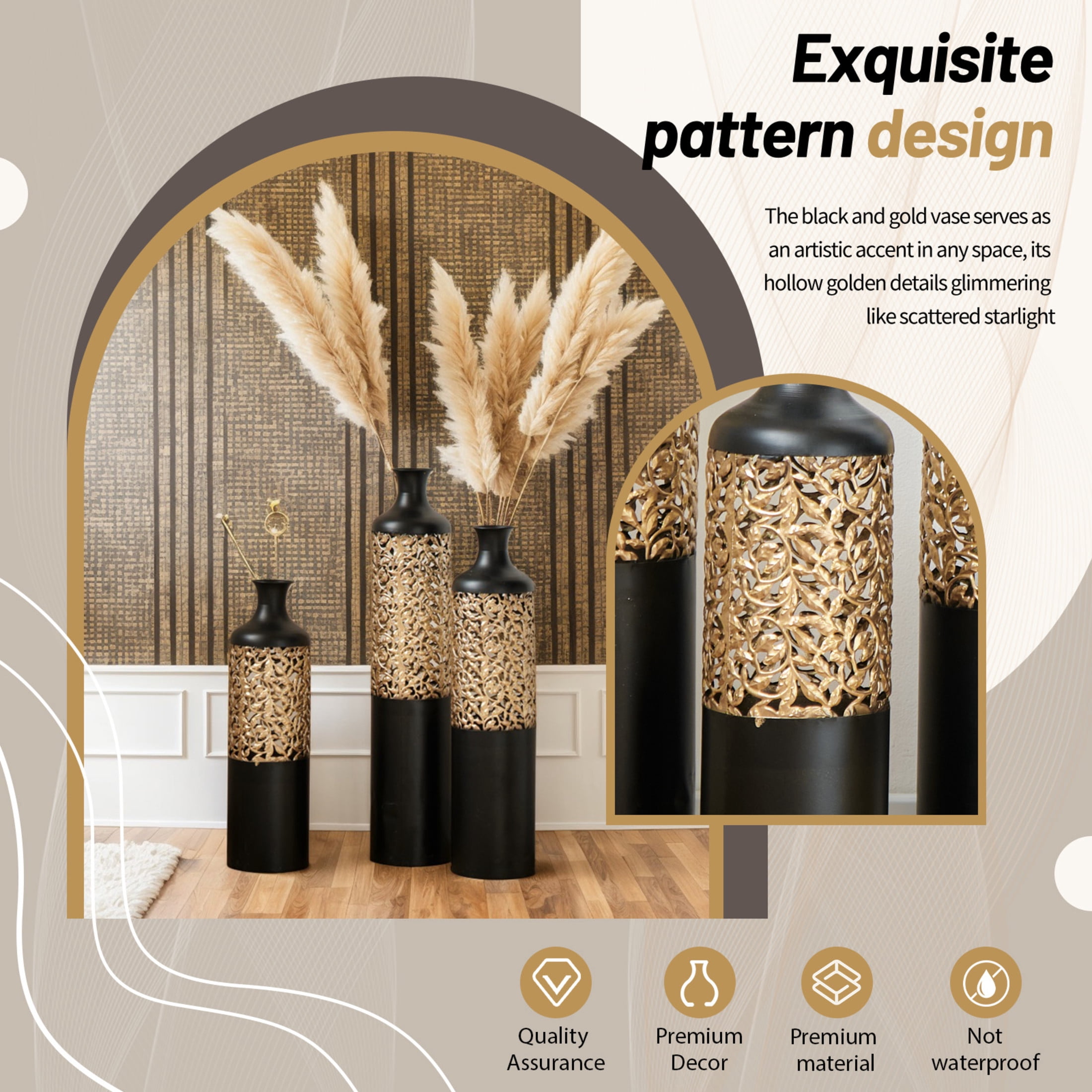 Noble House 20.8", 24.8", 28.7" Metal Floor Vase Set of 3, Cutout Geometric Vases, Black+Gold