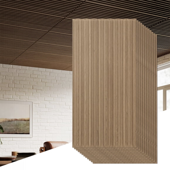 Costway 12-Pack PVC Slat Wall Panels, 3D Fluted Panels for Interior Wall Decoration Walnut