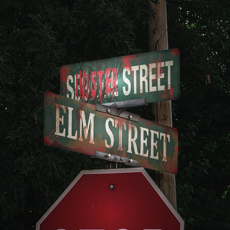 Elm & Sinister Metal Bloody Street Sign 2pc Scary Halloween Haunted House Prop Elm & Sinister Metal Bloody Street Sign 2pc Scary Halloween Haunted House Prop