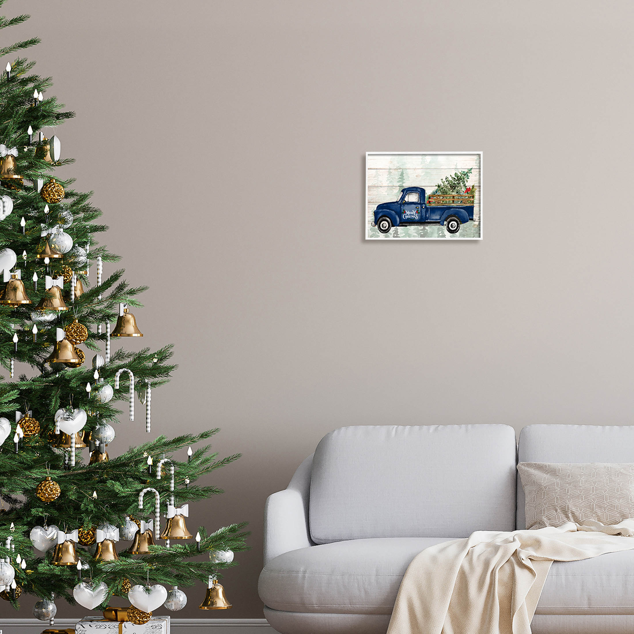 Stupell Industries Merry Christmas Blue Holiday Truck Graphic Art White Framed Art Print Wall Art, Design by Kim Allen