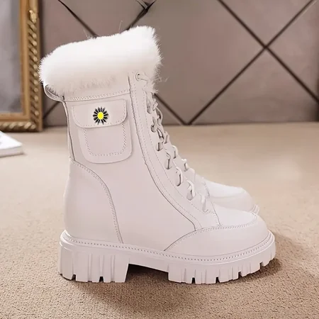 

Thick Bottom Fleece Lining Snow Boots Side Zipper Lace-up Ankle Boots With Hidden Heel Women‘s Footwear