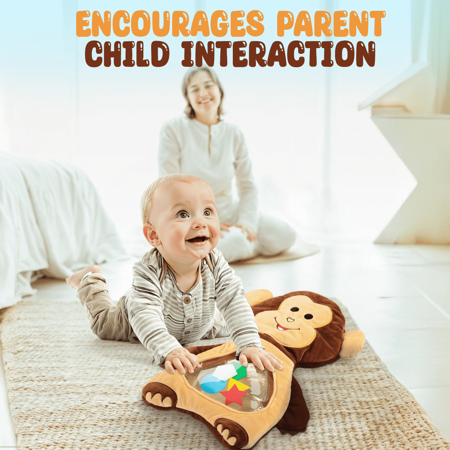 Bundaloo Monkey Tummy Time Water Play Mat for Babies, Soft Plush Sensory Activity Toy with Floating Shapes, Removable Water Pouch, Machine Washable, for Infants 6 Months and Up