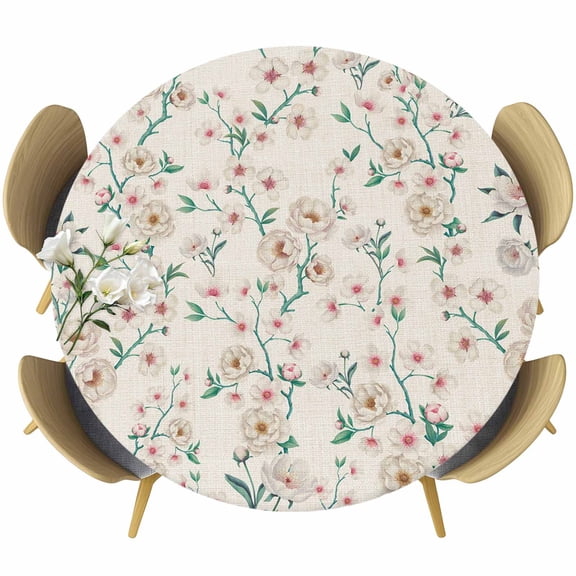Round Table Cover 55-60 Inch Spring Floral Waterproof Reusable Table Cloth Round Fitted Vinyl Tablecloth with Elastic Edged for Parties Outdoors, Watercolor Flowers Leaves Tree Branches Beige