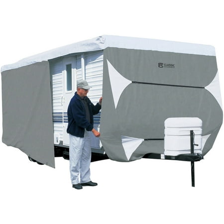 Classic Accessories OverDrive PolyPRO™ 3 Deluxe Travel Trailer Cover or Toy Hauler Cover, Fits 18' - 20' RVs - Max Weather Protection RV Cover, Grey/Snow White, Grey/Snow (Best Travel Trailer Cover)