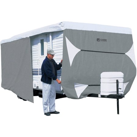 Classic Accessories PolyPRO 3 Deluxe Travel Trailer RV Cover or Toy Hauler RV Cover, Grey / Snow White