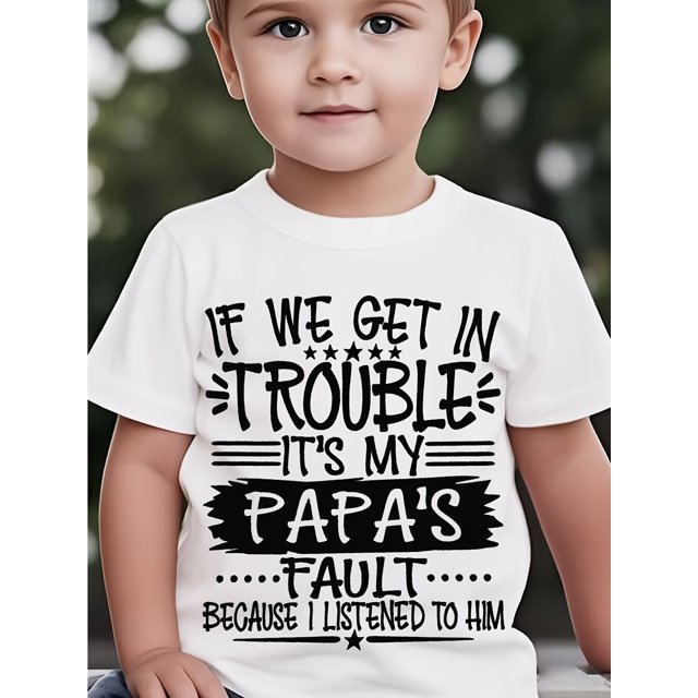 Boys' "If We Get in Trouble It'S My Papa'S Trouble" Graphic T-Shirt, Crew Neck, Short Sleeve, Casual & Sporty Tee for Spring/Fall, Youth Clothing|Sporty Design|Applique Detail