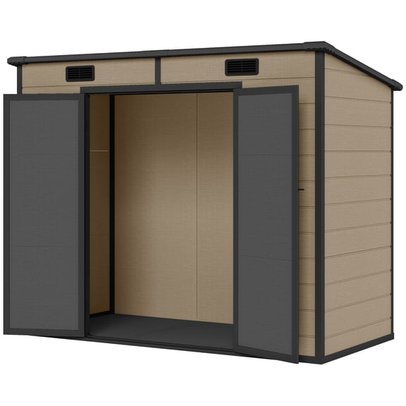8' x 4' Plastic Outdoor Storage Shed with Floor, Window, Lockable Doors and Vents for Backyard Patio Lawn, Light Brown