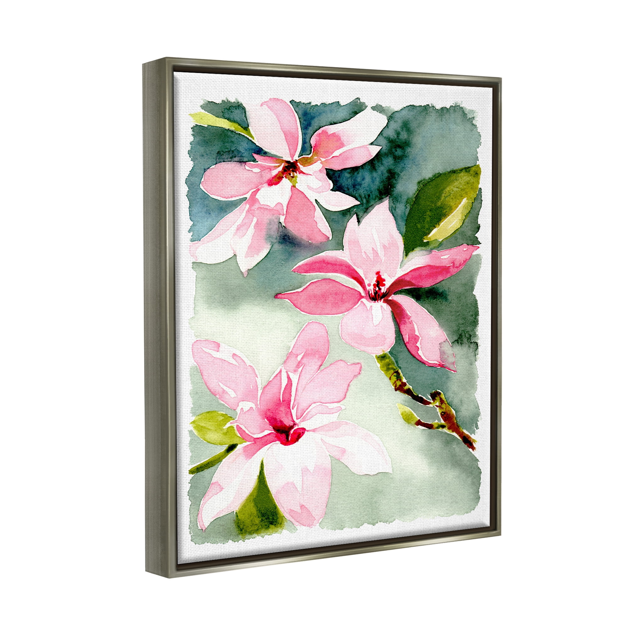 Stupell Industries Pink Flowers Watercolor Botanical & Floral Painting Gray Floater Framed Art Print Wall Art, 17 x 21