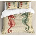 thumbnail image 1 of Seahorses Nautical Duvet Cover Set King Size, Graphic Colorful Beach Coral Reef Vintage Design Print, Decorative 3 Piece Bedding Set with 2 Pillow Shams, Sand Brown Forest Green Red, by Ambesonne, 1 of 3