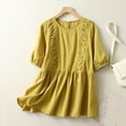 thumbnail image 2 of Diufon Cotton Linen Womens Tops Fall Casual Solid Color Blouses Round Neck Half Sleeve Tops, 2 of 7