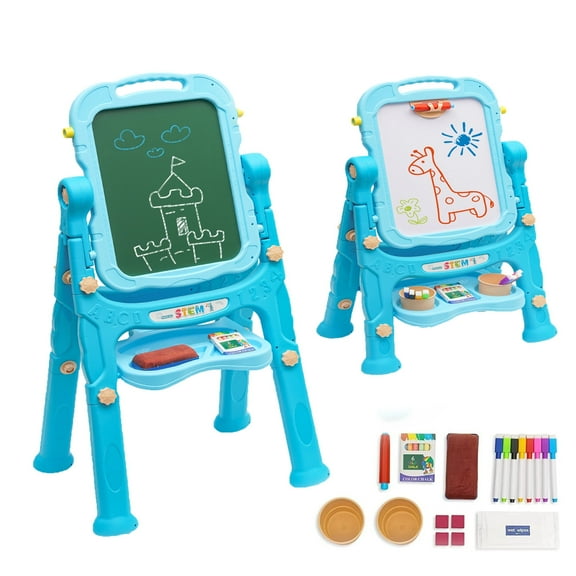 Ealing Easel for Kids 3 ,Adjustable Standing Rotatable Double Sided Easel with Magnetic,Blue